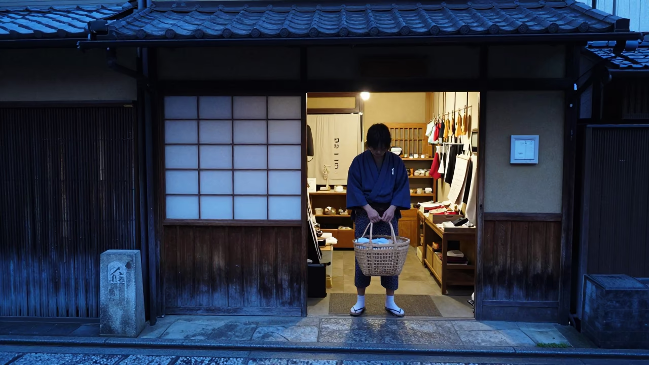 Kyoto Shopkeeper at Blue Hour in in Kyoto, Japan