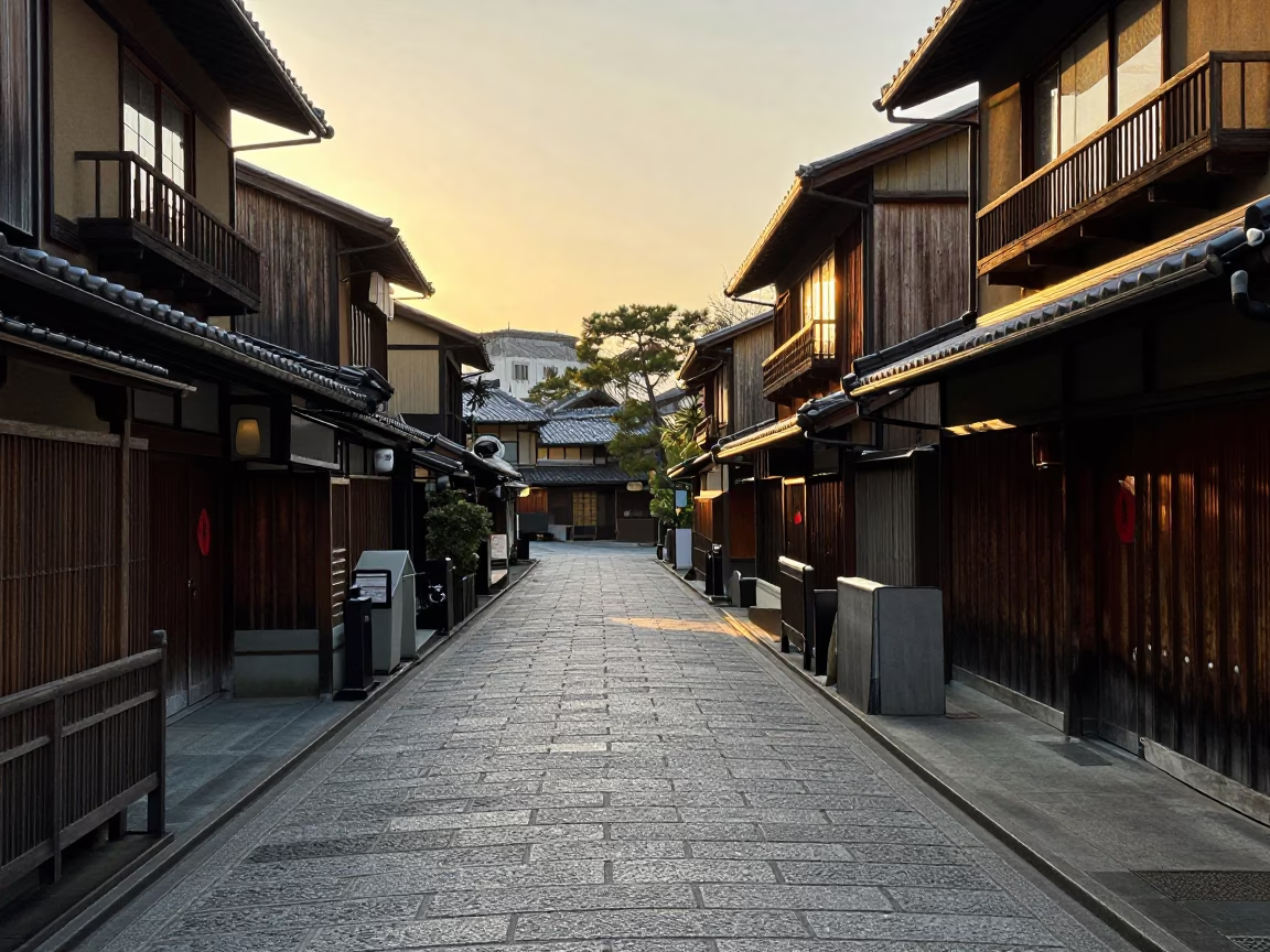 Kyoto Street at Golden Hour with Traditional Architecture and Local Life in in Kyoto, Japan