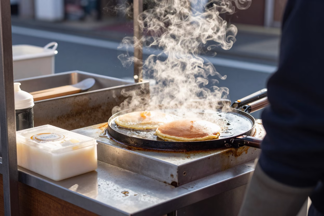 Kyoto Street Breakfast Scene with Soap Case and Grease on Counter in in Kyoto, Japan