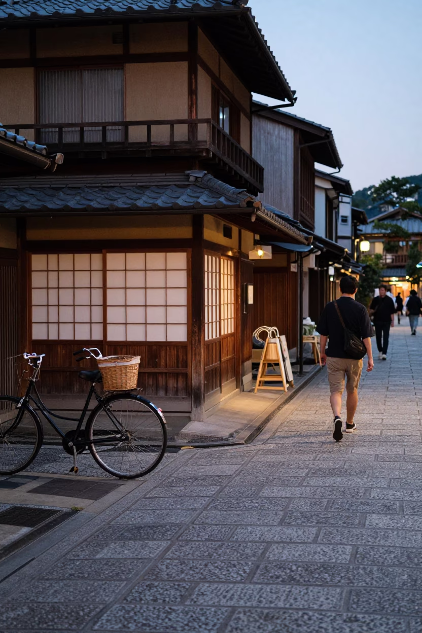 Kyoto Street Corner Evening Pedestrian Bicycle Basket and Urban Life in in Kyoto, Japan