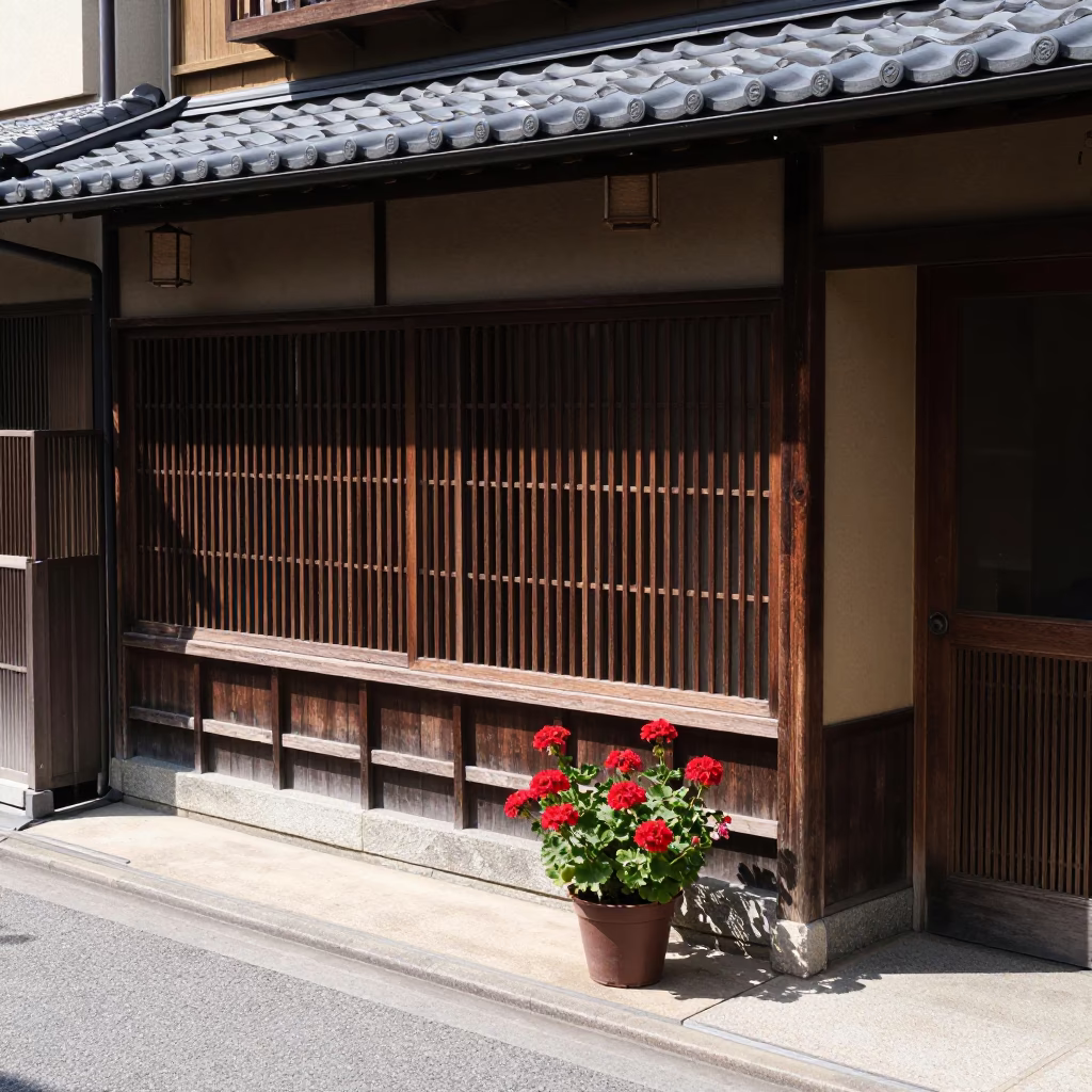 Kyoto Street Corner Noon Light with Potted Geraniums and Traditional Shopfront in in Kyoto, Japan
