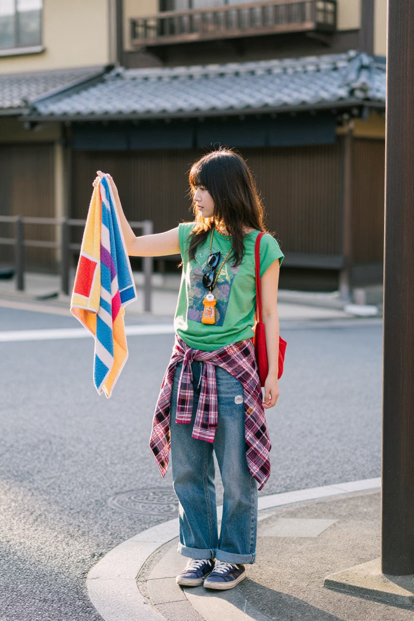 Kyoto Street Fashion Portrait with Drying Towels and Morning Light in in Kyoto, Japan