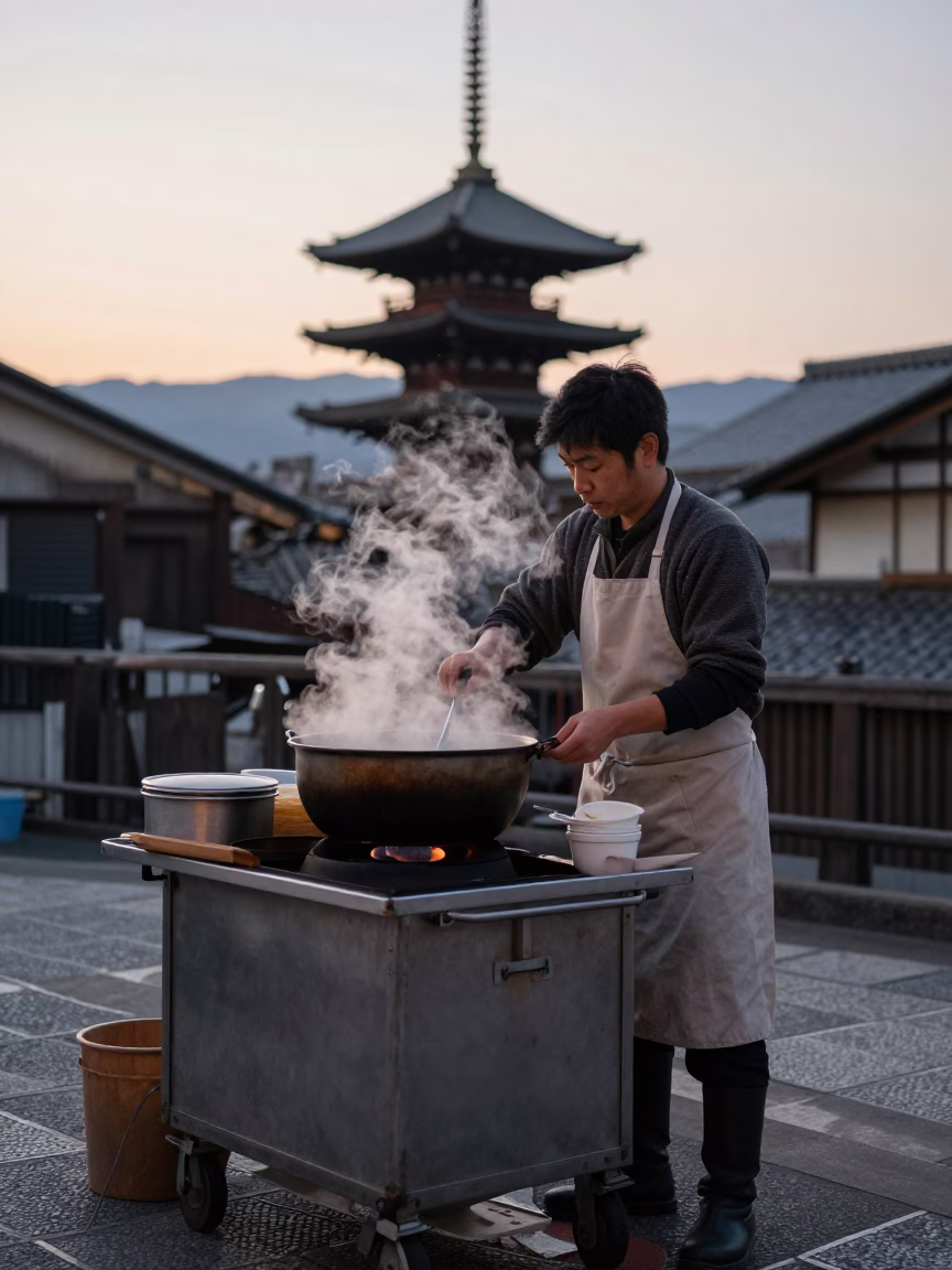 Kyoto Street Food Vendor Preparing Hot Dishes Before Dawn in Japan in in Kyoto, Japan