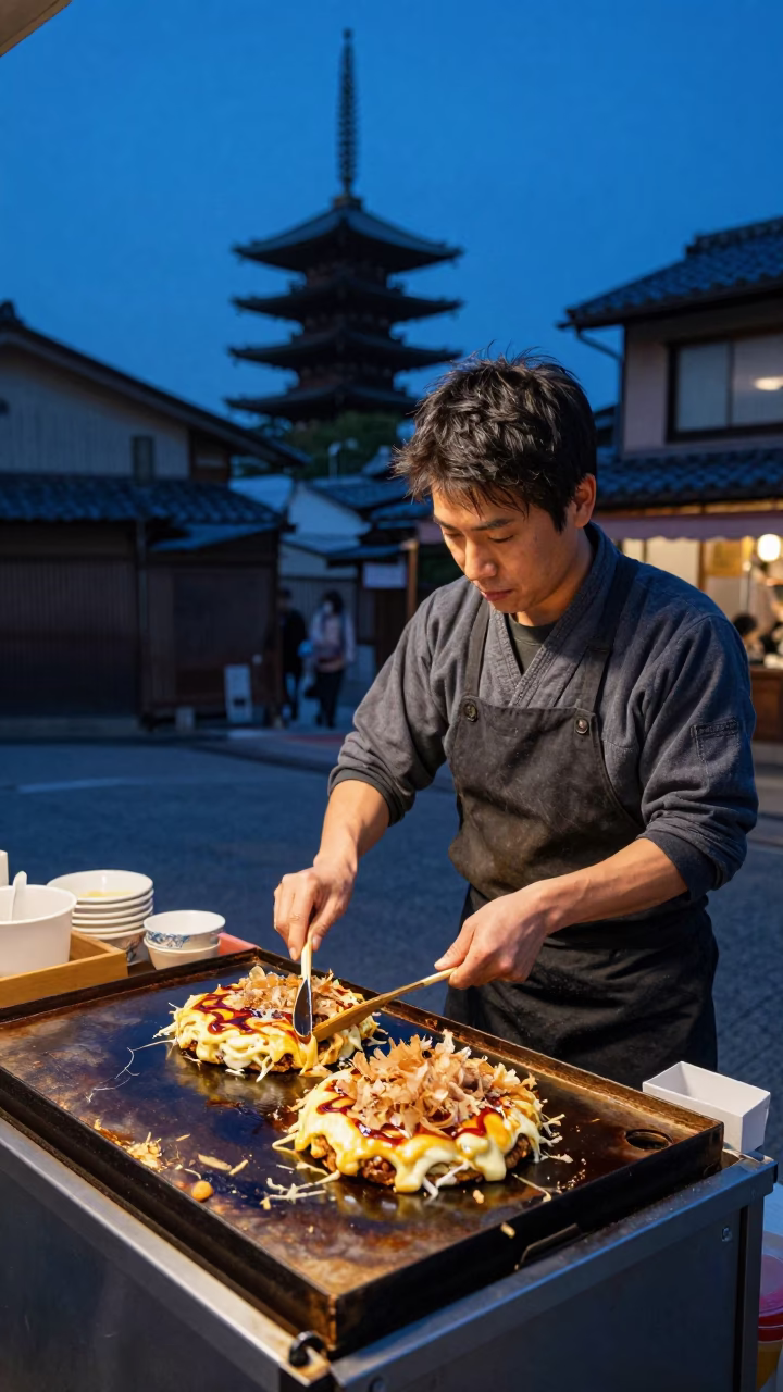 Kyoto street food vendor preparing okonomiyaki with bonito flakes during blue hour in in Kyoto, Japan