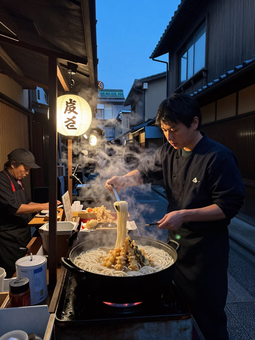 Kyoto Street Food Vendor Serving Hot Udon with Tempura Before Dawn in in Kyoto, Japan