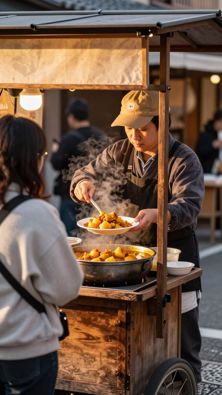 Kyoto Street Food Vendor Serving Massaman Curry with Potatoes in Honeyed Evening Light in in Kyoto, Japan