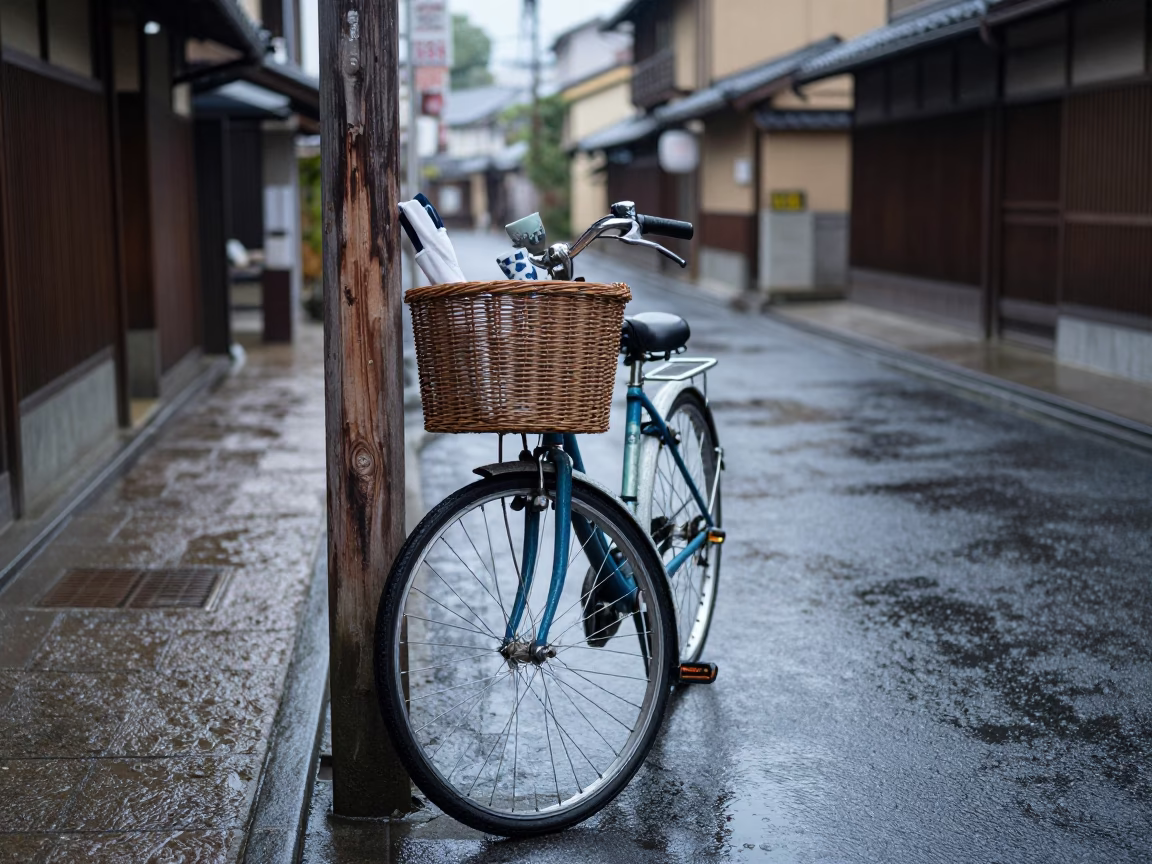 Kyoto Street Glimmer After Rain with Bicycle Basket and Porcelain Cup in in Kyoto, Japan