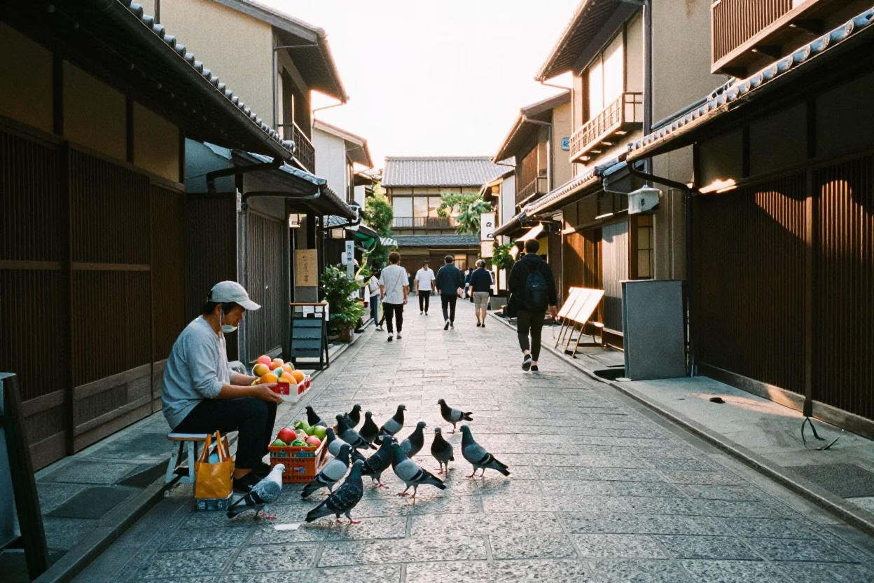 Kyoto Street Life at As First Light Reaches The Scene in in Kyoto, Japan