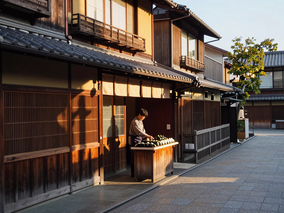Kyoto street scene after sunrise with traditional architecture and local morning routine in in Kyoto, Japan