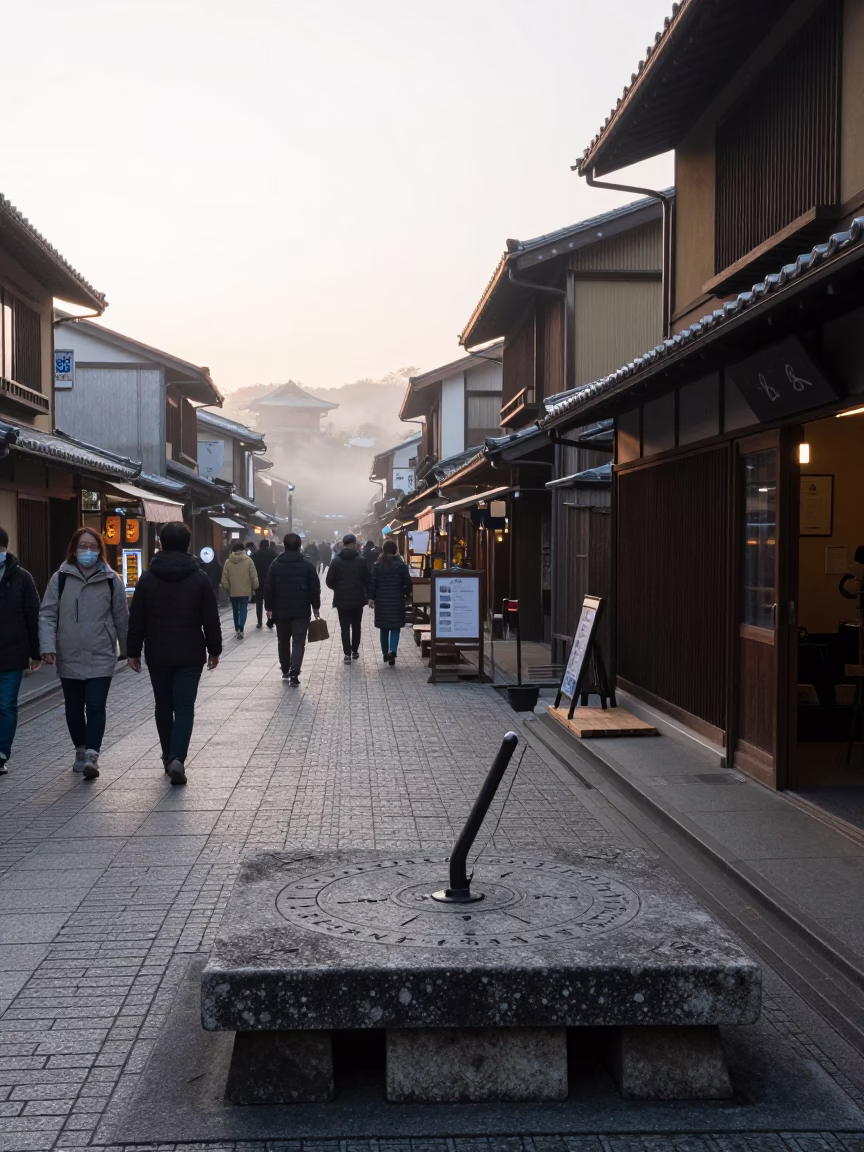 Kyoto Street Scene at Dawn with Sundial and Traditional Architecture in in Kyoto, Japan