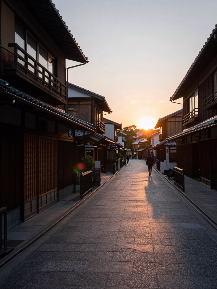 Kyoto street scene at dusk with baker and traditional architecture in in Kyoto, Japan