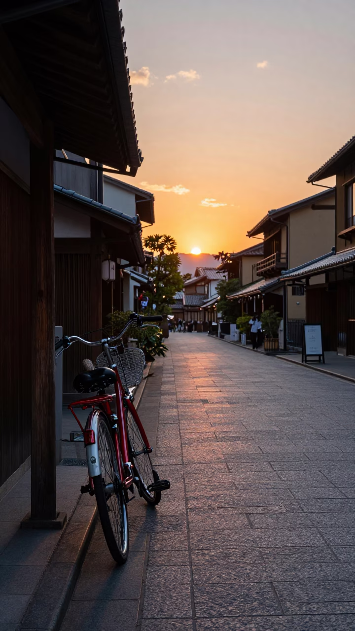 Kyoto Street Scene at Dusk with Bicycle and Local Shopfront in in Kyoto, Japan
