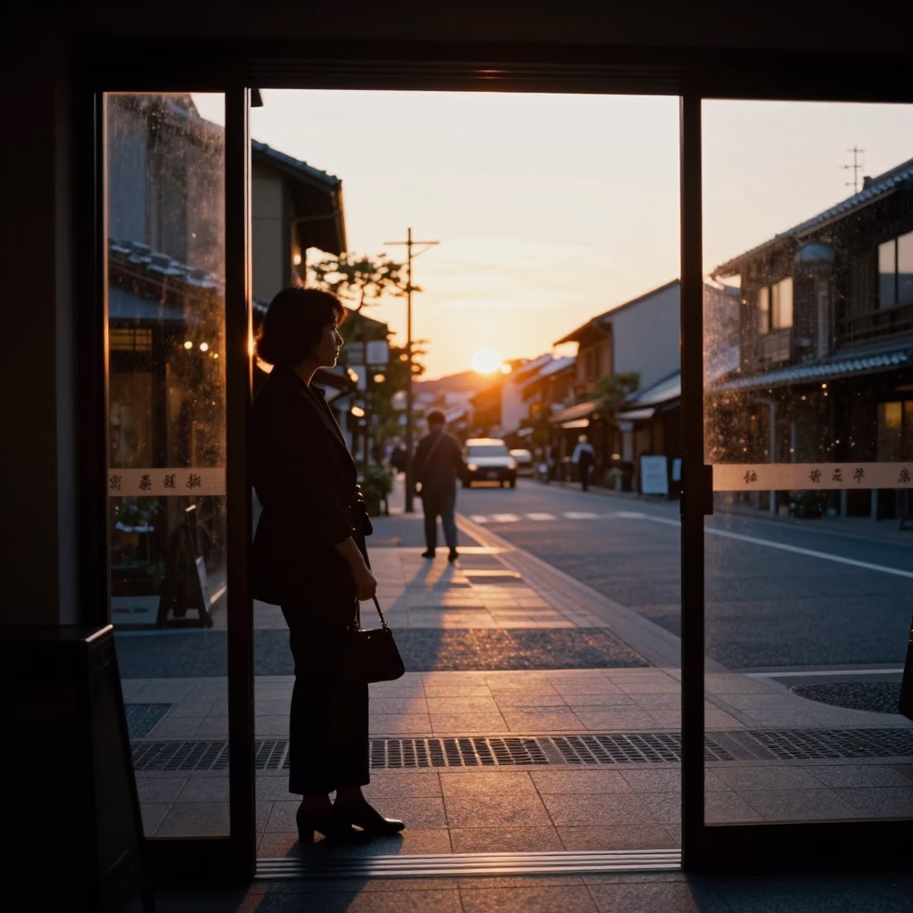 Kyoto Street Scene at Dusk with Clear Glass Doorframe and Mandu Dumplings in in Kyoto, Japan