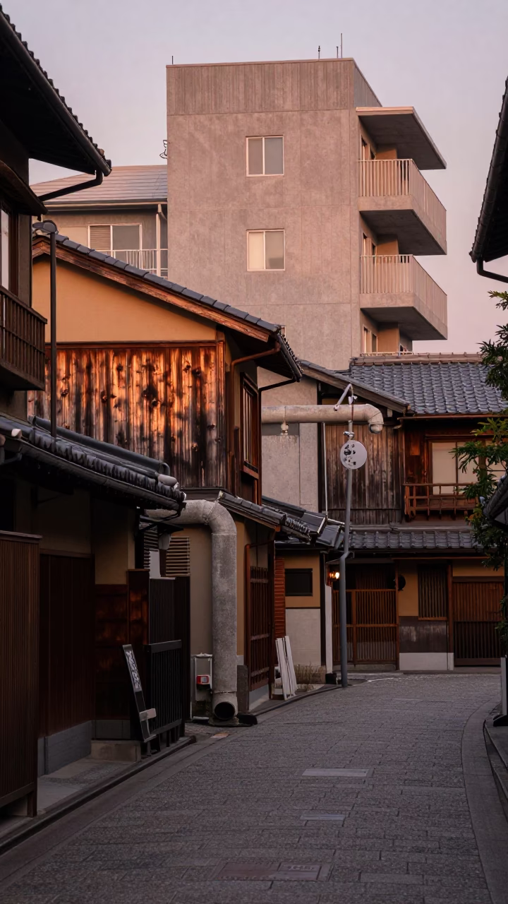 Kyoto Street Scene at Dusk with Concrete Pipes and Leaf Shadows in in Kyoto, Japan