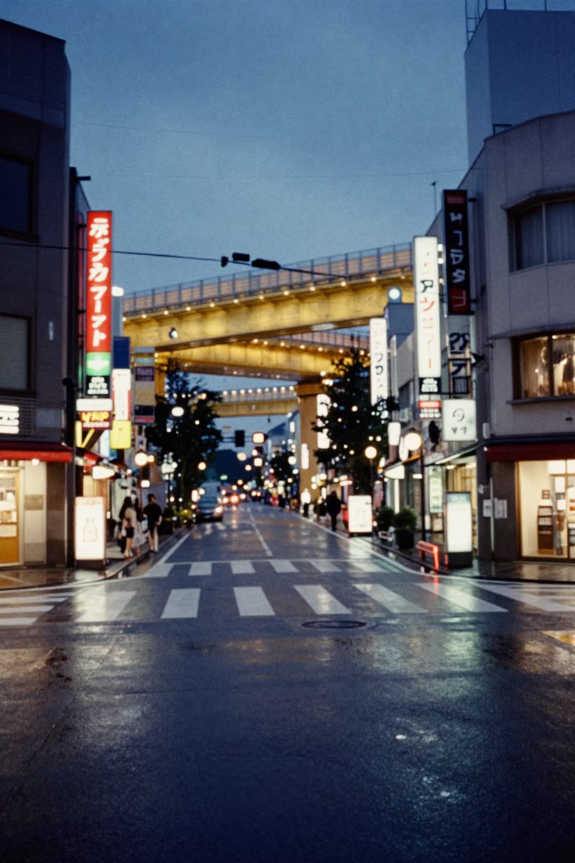 Kyoto Street Scene at Dusk with Glowing Overpass Interchange and Rain-Slicked Urban Reflections in in Kyoto, Japan