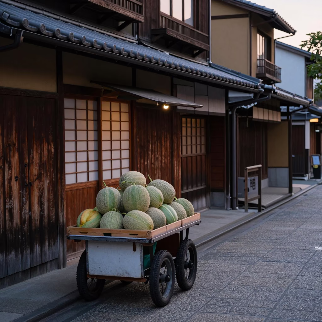 Kyoto Street Scene at Dusk with Melons and Traditional Architecture in in Kyoto, Japan