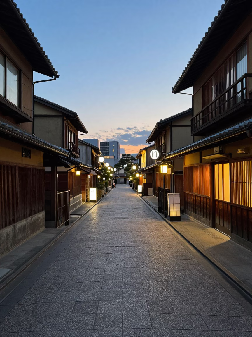 Kyoto Street Scene at Dusk with Neon Lights and Traditional Architecture in in Kyoto, Japan