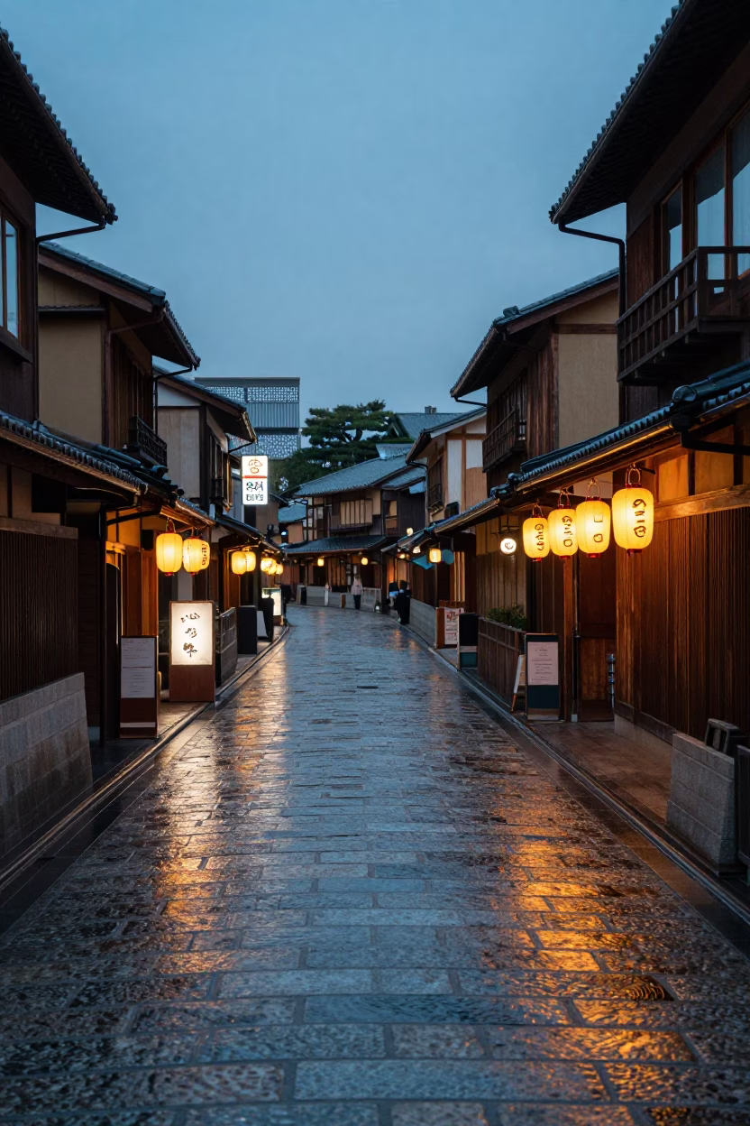 Kyoto Street Scene at Dusk with Neon Signs and Traditional Architecture in in Kyoto, Japan