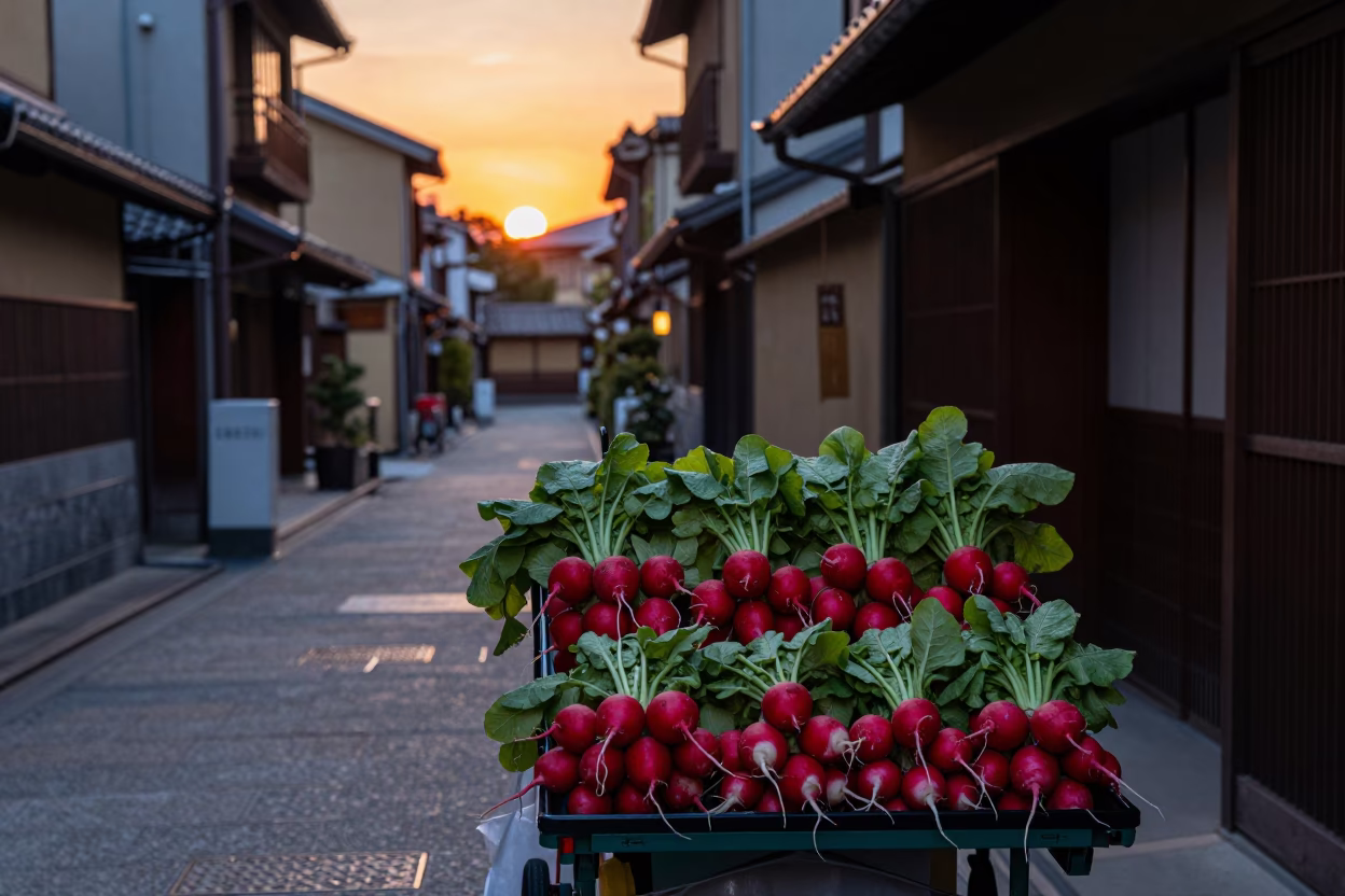 Kyoto Street Scene at Dusk with Radishes and Traditional Wooden Architecture in in Kyoto, Japan