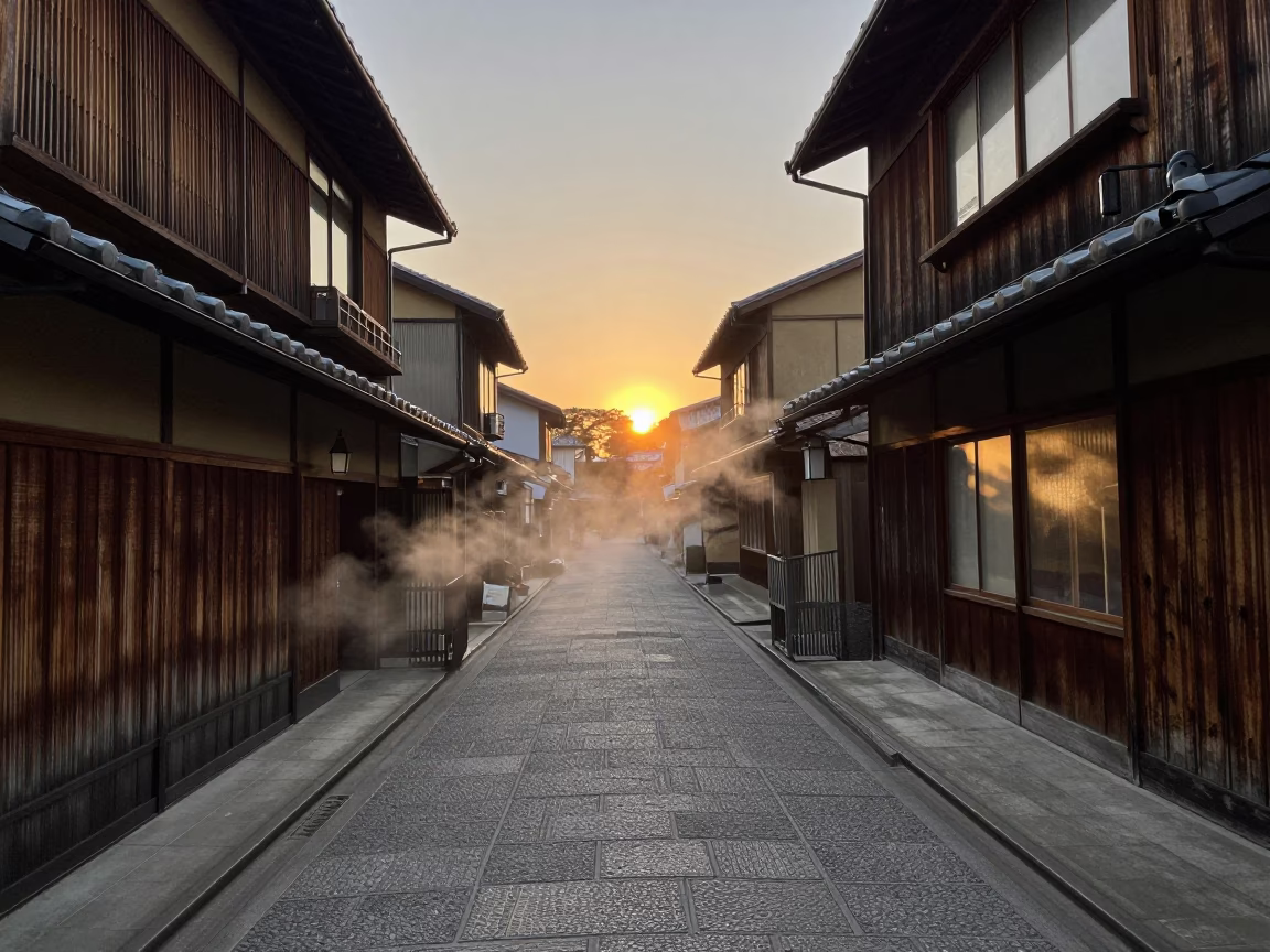 Kyoto Street Scene at Dusk with Steam Haze and Traditional Porcelain in in Kyoto, Japan