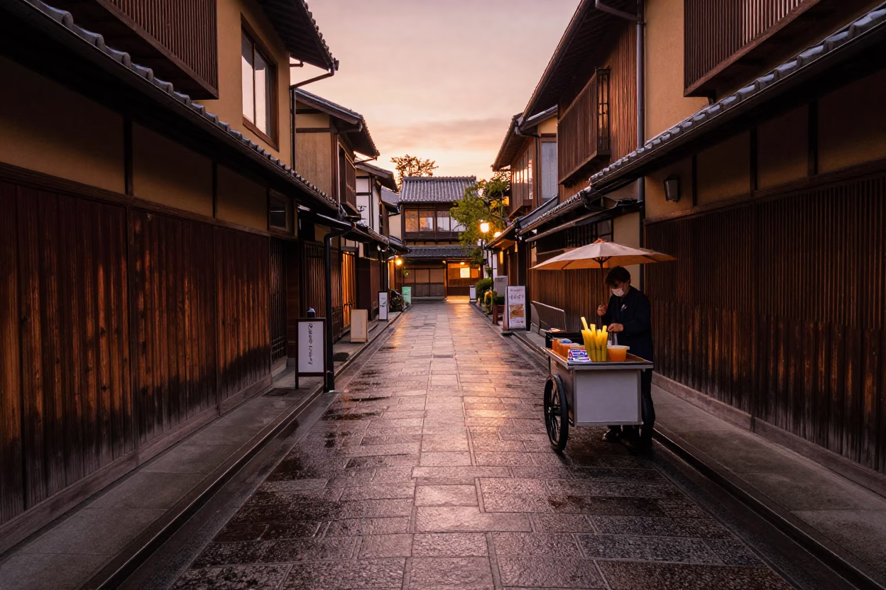 Kyoto Street Scene at Dusk with Sugarcane Juice and Vintage Car in in Kyoto, Japan
