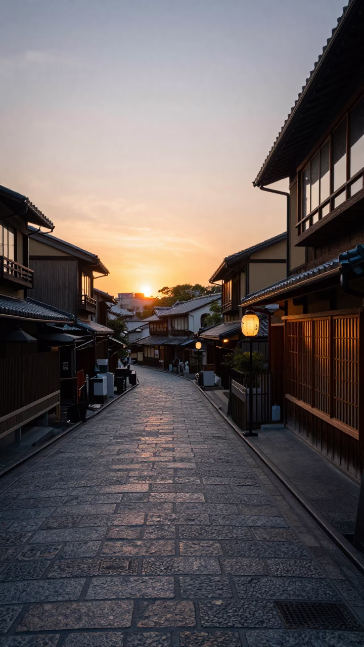Kyoto Street Scene at Dusk with Traditional Lanterns and Passing Cyclists in in Kyoto, Japan