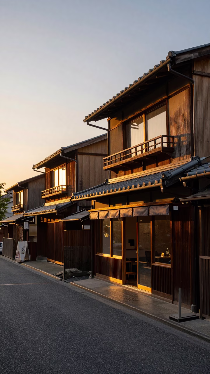 Kyoto Street Scene at Dusk with Traditional Tea House and Evening Light in in Kyoto, Japan
