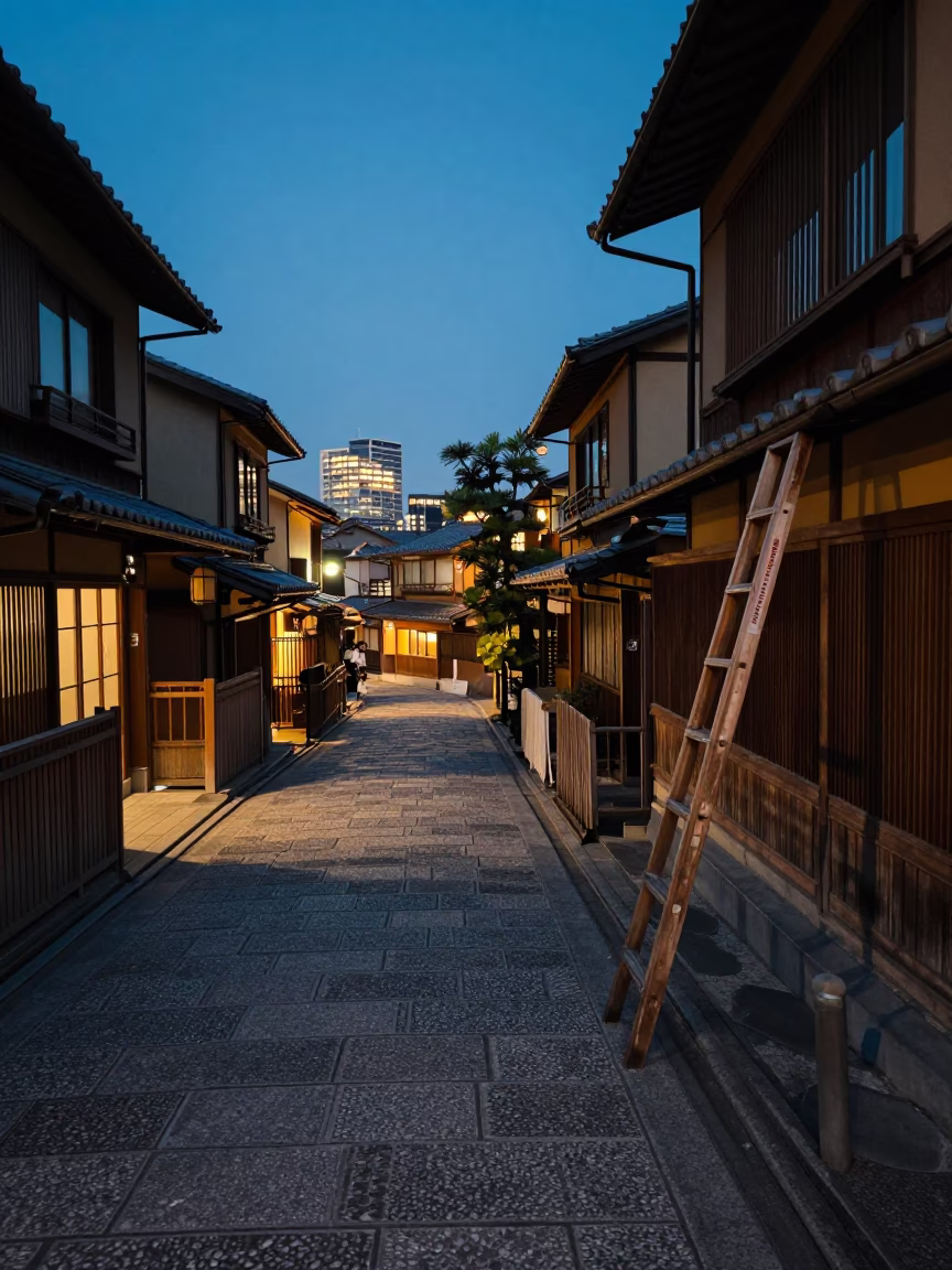 Kyoto Street Scene at Dusk with Wooden Ladder and City Lights in in Kyoto, Japan