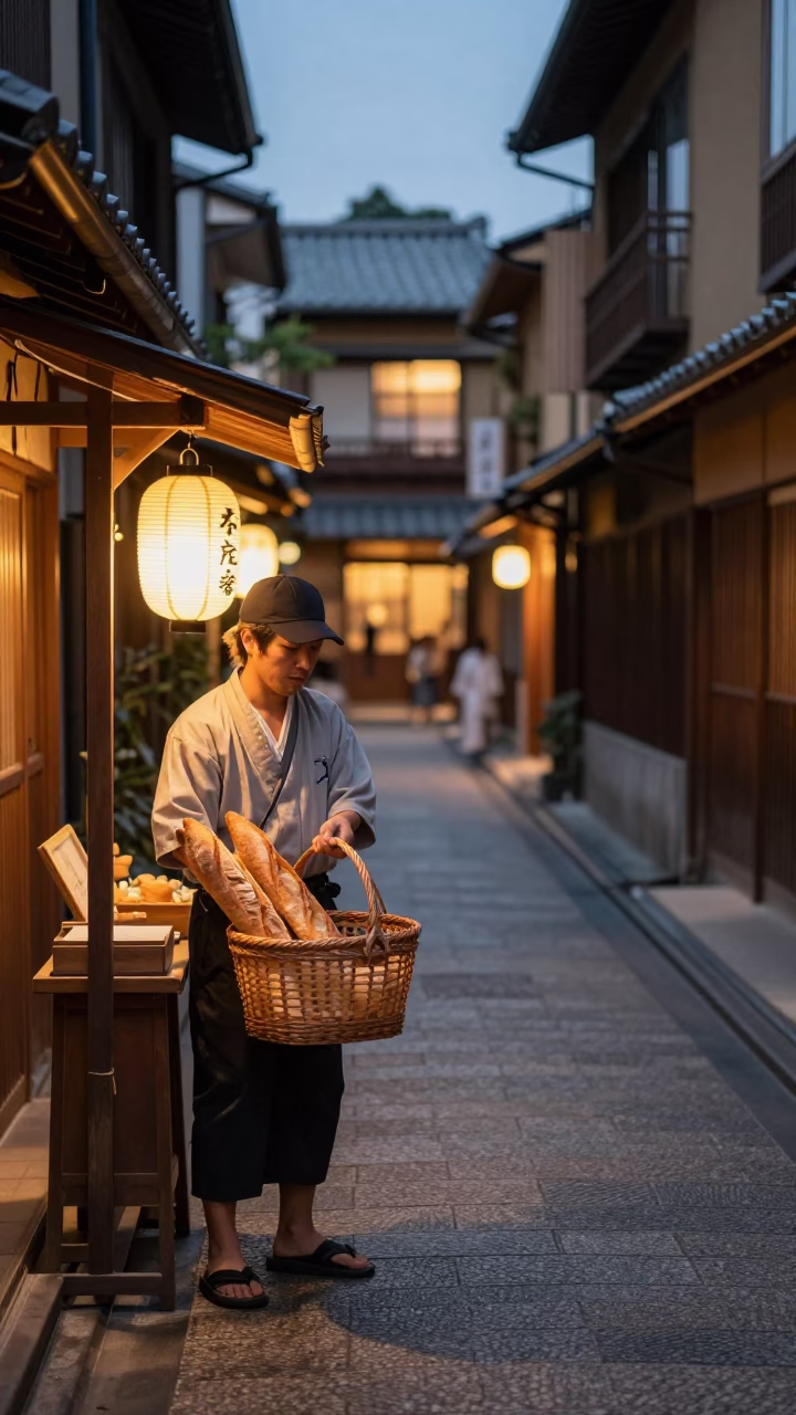 Kyoto Street Scene at Dusk with Woven Basket and Baguettes in in Kyoto, Japan