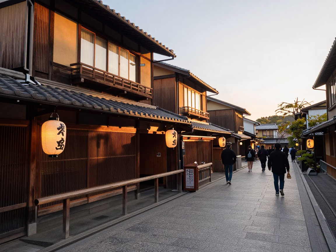 Kyoto Street Scene at Golden Hour with Obon Lanterns and Traditional Architecture in in Kyoto, Japan