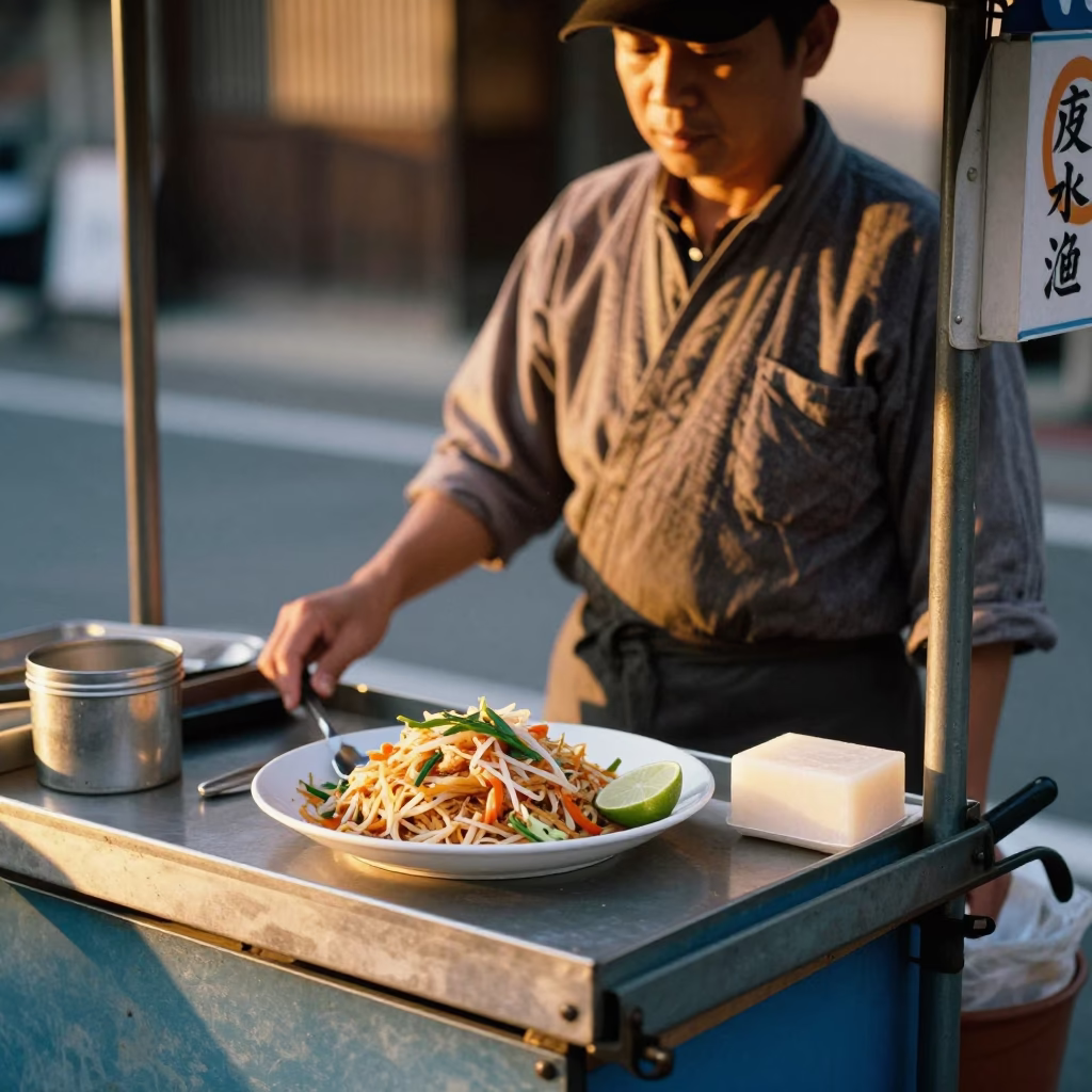Kyoto Street Scene at Golden Hour with Pad Thai Plate and Soap Bottle in in Kyoto, Japan
