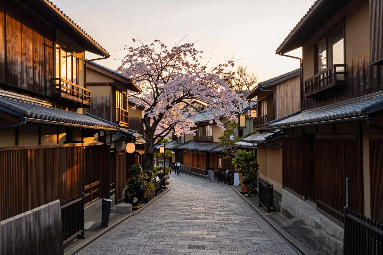 Kyoto Street Scene at Golden Hour with Traditional Lanterns and Cherry Blossoms in in Kyoto, Japan