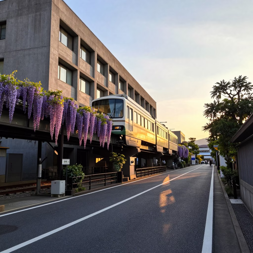 Kyoto Street Scene at Golden Hour with Wisteria and Monorail in in Kyoto, Japan