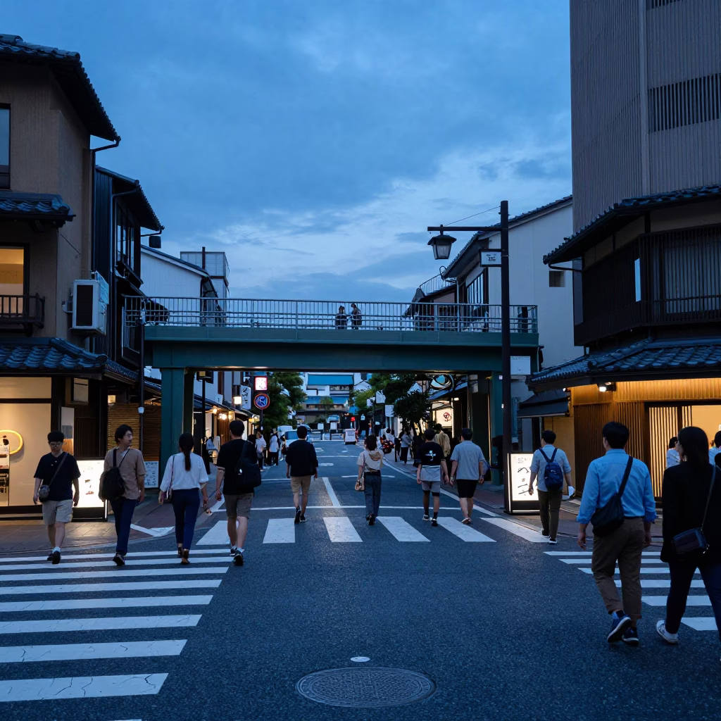 Kyoto Street Scene at Indigo Twilight with Pedestrian Overpass and Wet Footsteps in in Kyoto, Japan