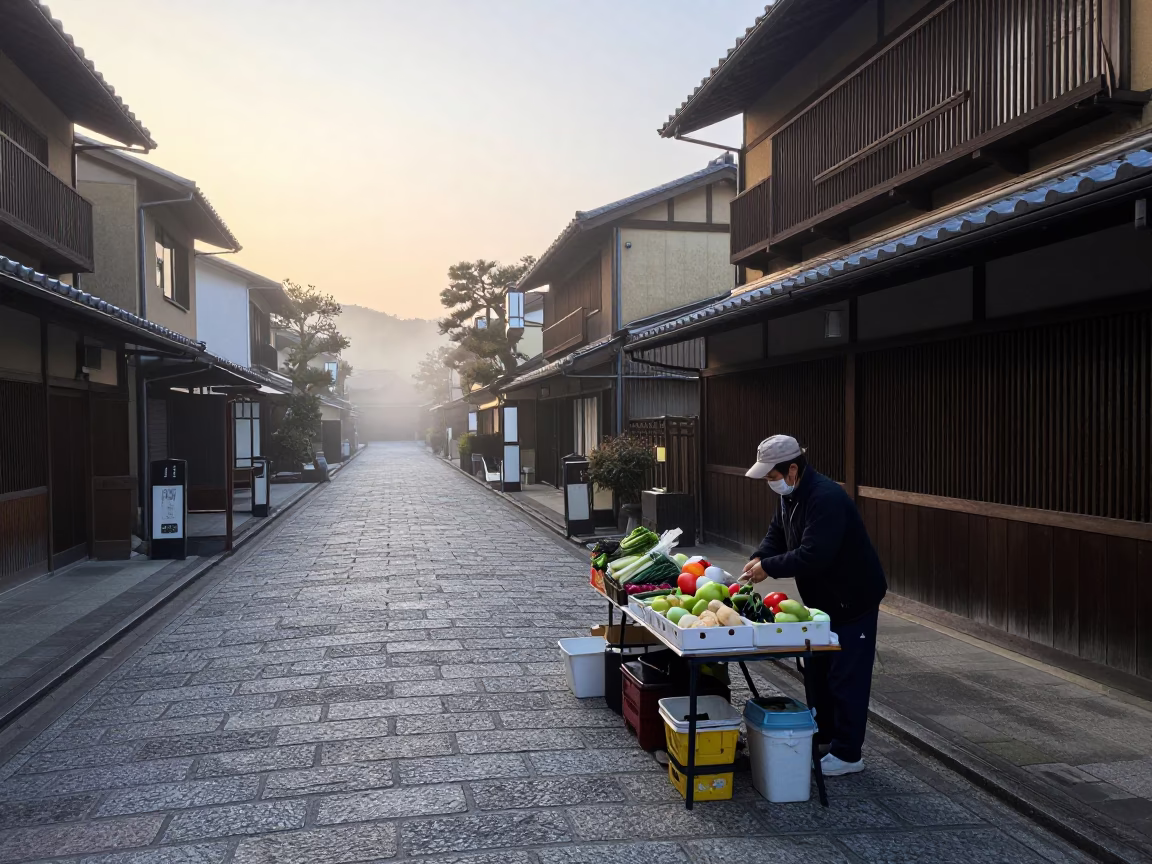 Kyoto Street Scene at Nautical Dawn with Local Vendor and Traditional Elements in in Kyoto, Japan