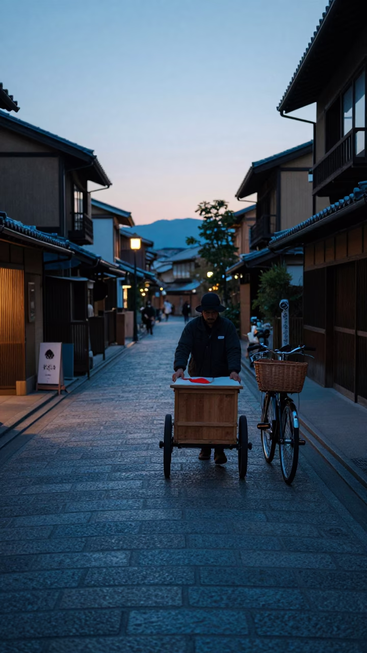Kyoto street scene at nautical dawn with vendor and bicycle near traditional wooden architecture in in Kyoto, Japan