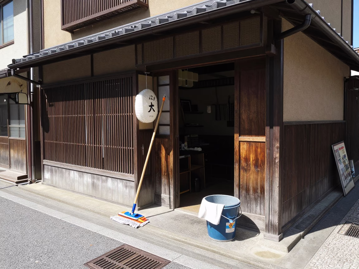 Kyoto Street Scene at Noon with Cleaning Supplies and Traditional Architecture in in Kyoto, Japan