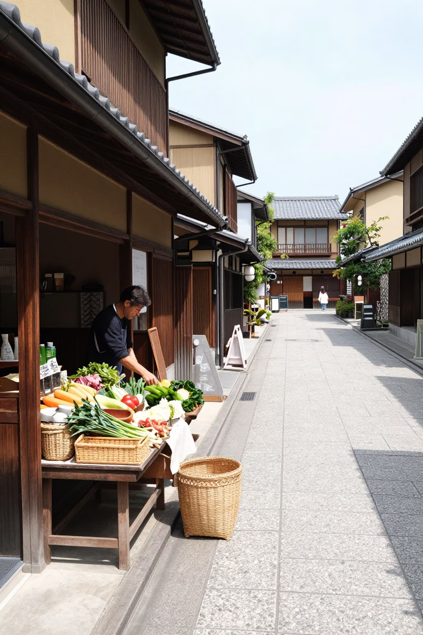 Kyoto Street Scene at Noon with Woven Cane Texture and Urban Details in in Kyoto, Japan