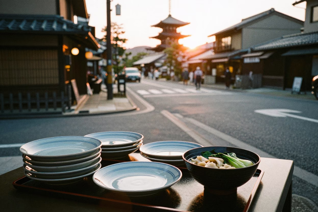 Kyoto Street Scene at Sunset with Ceramic Plates and Wonton Soup in in Kyoto, Japan