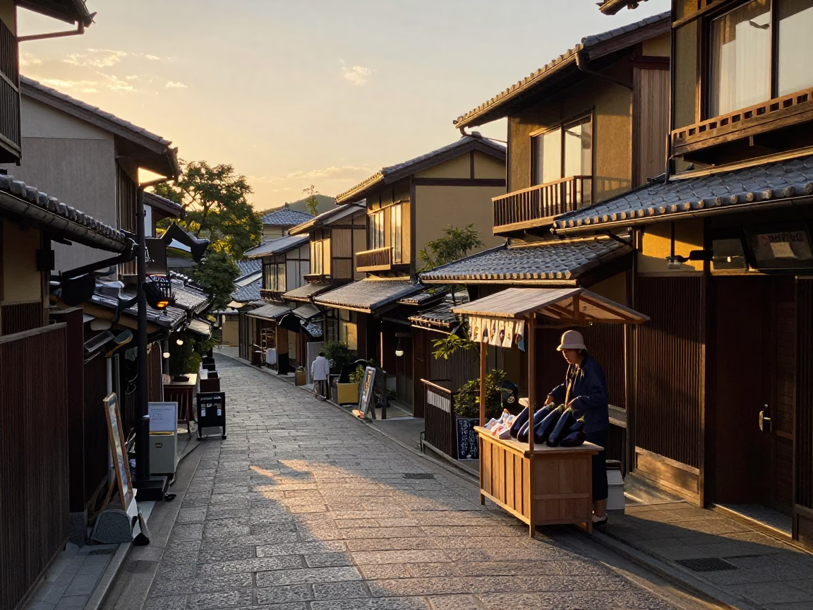 Kyoto Street Scene at Sunset with Eggplants and Traditional Lanterns in in Kyoto, Japan