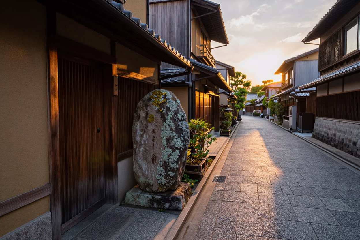 Kyoto Street Scene at Sunset with Lichen Garden and Vanilla Orchid in in Kyoto, Japan