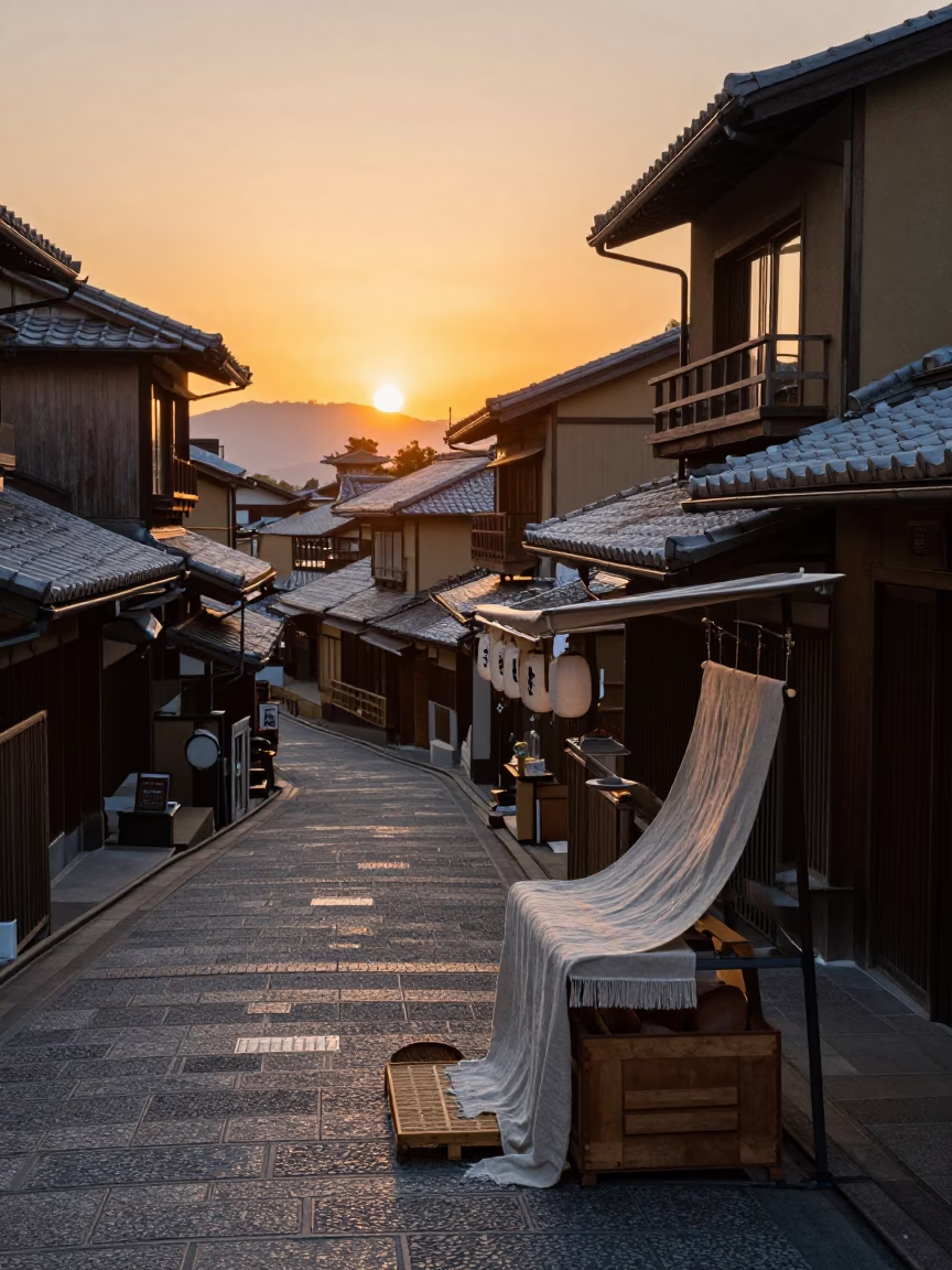 Kyoto Street Scene at Sunset with Linen Runner and Tea Stained Mirror in in Kyoto, Japan