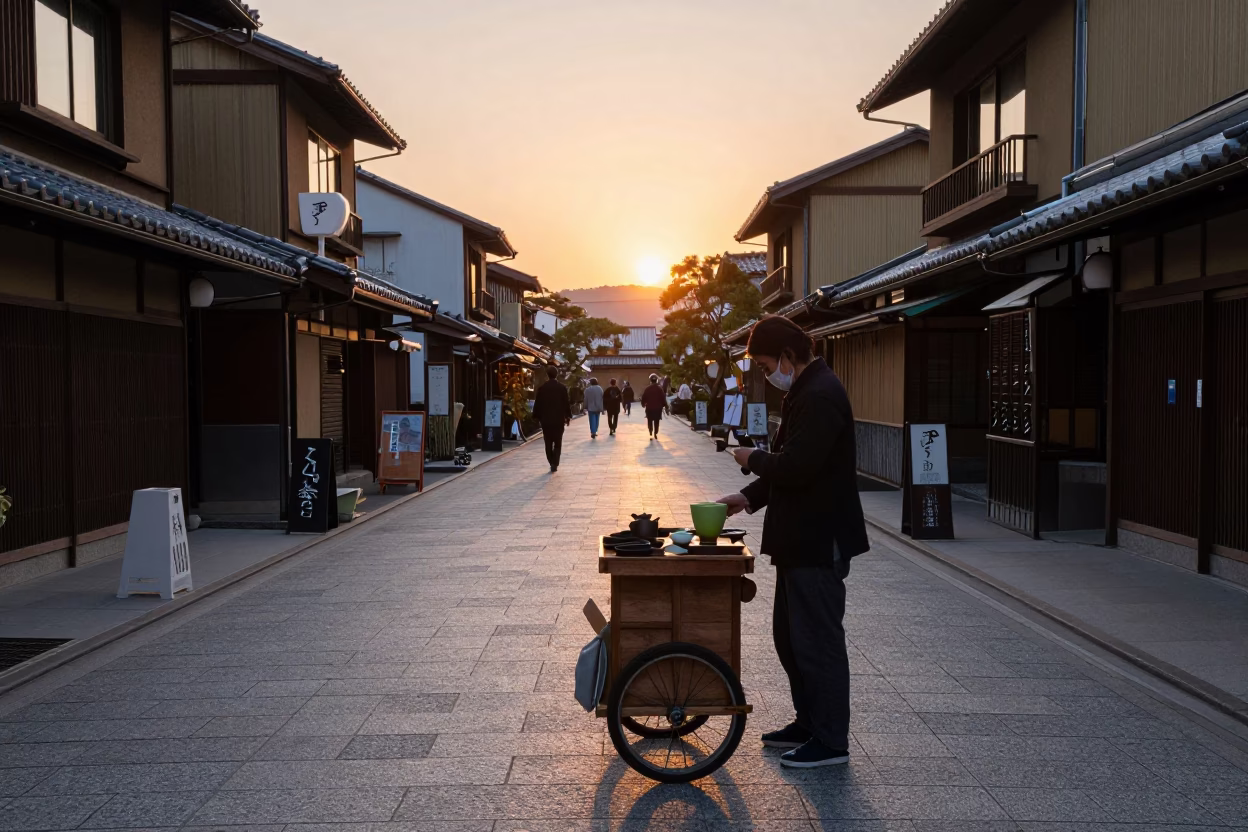 Kyoto Street Scene at Sunset with Traditional Matcha Tea and Enamel Bowls in in Kyoto, Japan