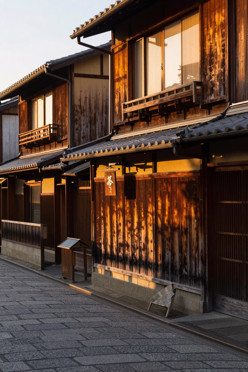 Kyoto street scene at sunset with traditional wooden architecture and local commerce in in Kyoto, Japan