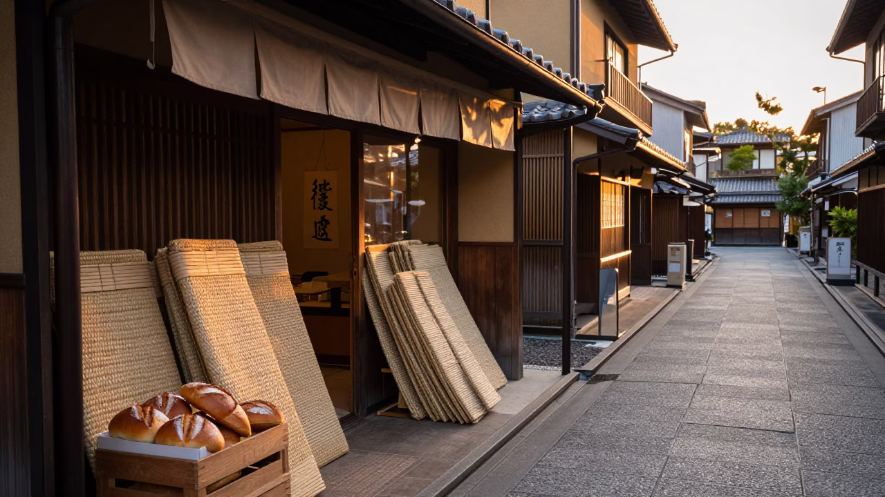 Kyoto Street Scene at Sunset with Traditional Woven Mats and Rustic Bread Display in in Kyoto, Japan