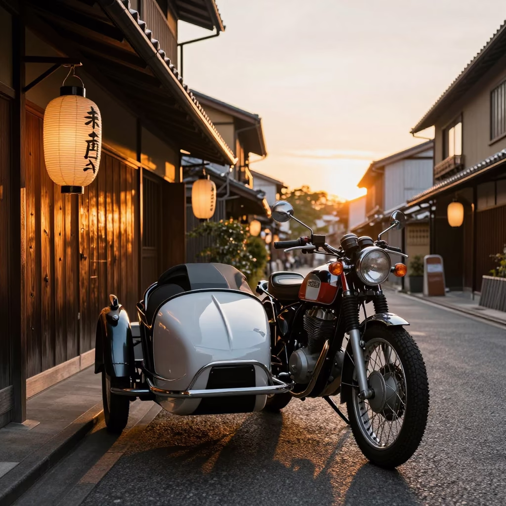 Kyoto Street Scene at Sunset with Vintage Motorcycle Sidecar and Traditional Architecture in in Kyoto, Japan