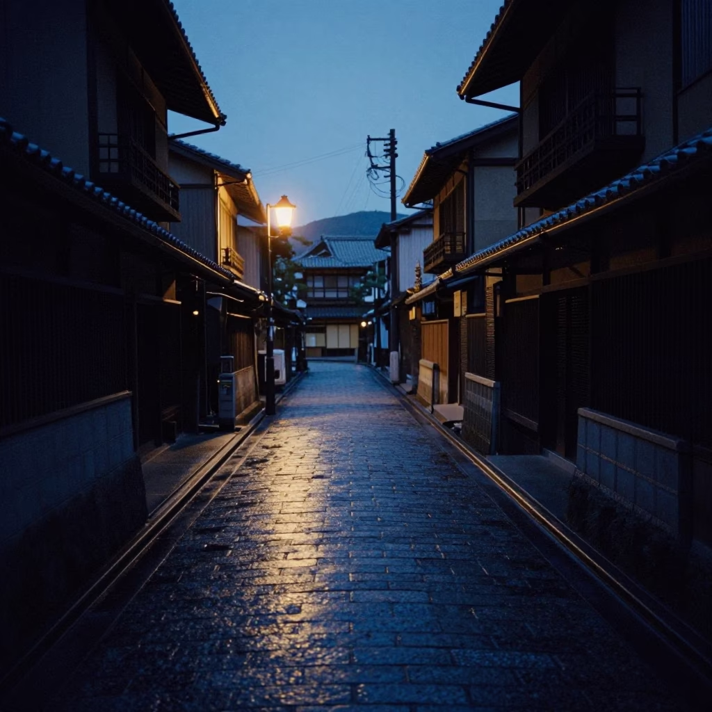Kyoto Street Scene at The Predawn Darkness Light in in Kyoto, Japan