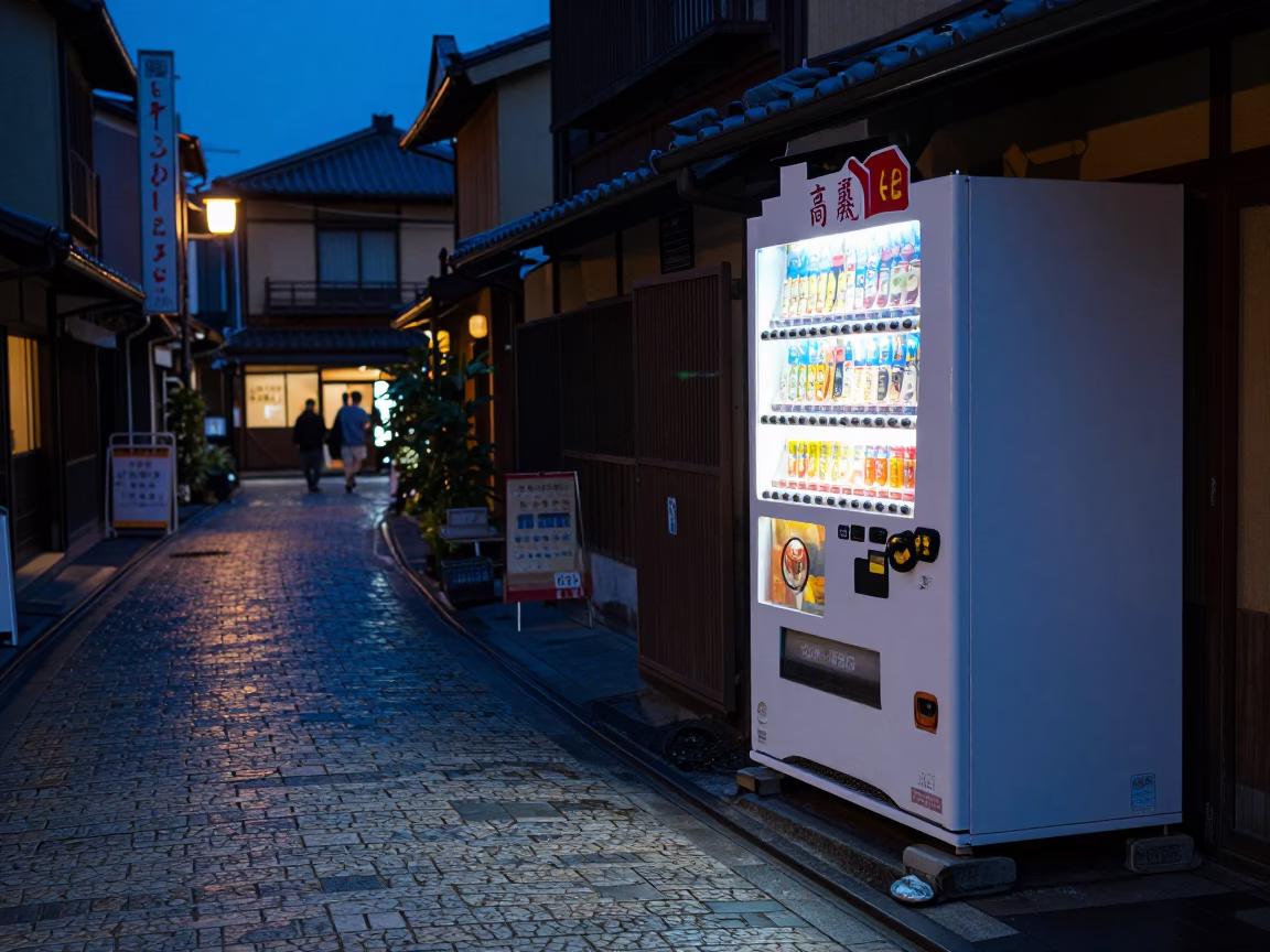 Kyoto Street Scene at Twilight with Vending Machine and Wet Pavement Reflections in in Kyoto, Japan