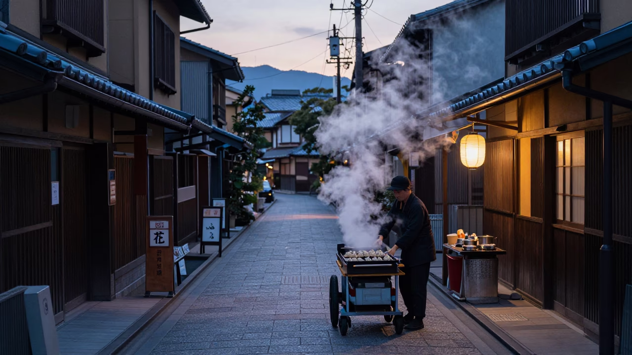 Kyoto Street Scene Before Dawn With Steam And Urban Details in in Kyoto, Japan
