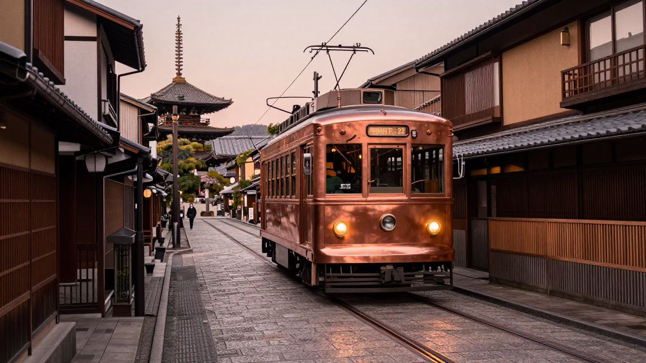 Kyoto Street Scene Before Dusk with Heritage Tram and Cobblestone Avenue in in Kyoto, Japan